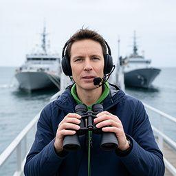 Maritime correspondent on a pier with binoculars, a radio headset, and moored vessels behind him
